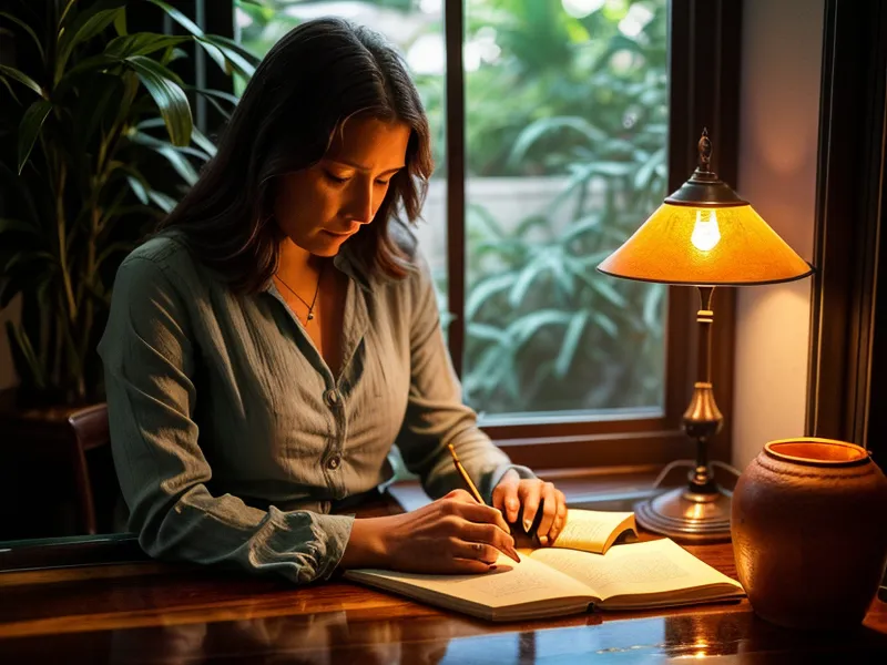 Toma de decisiones intuitiva en el freelance: mano cerrando la laptop tras decidir con la intuición femenina, luz cálida y plantas de fondo